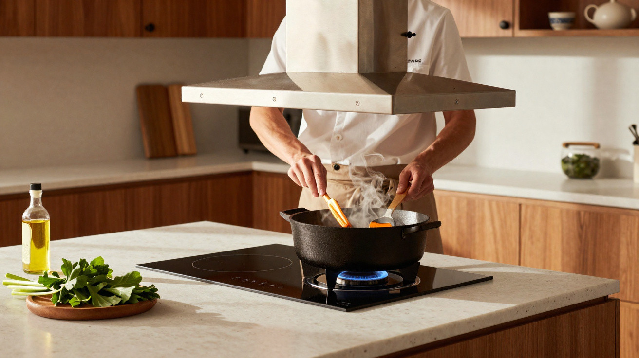 Pessoa a cozinhar numa panela preta numa placa de fogão com exaustor e ingredientes frescos numa bancada de cozinha.