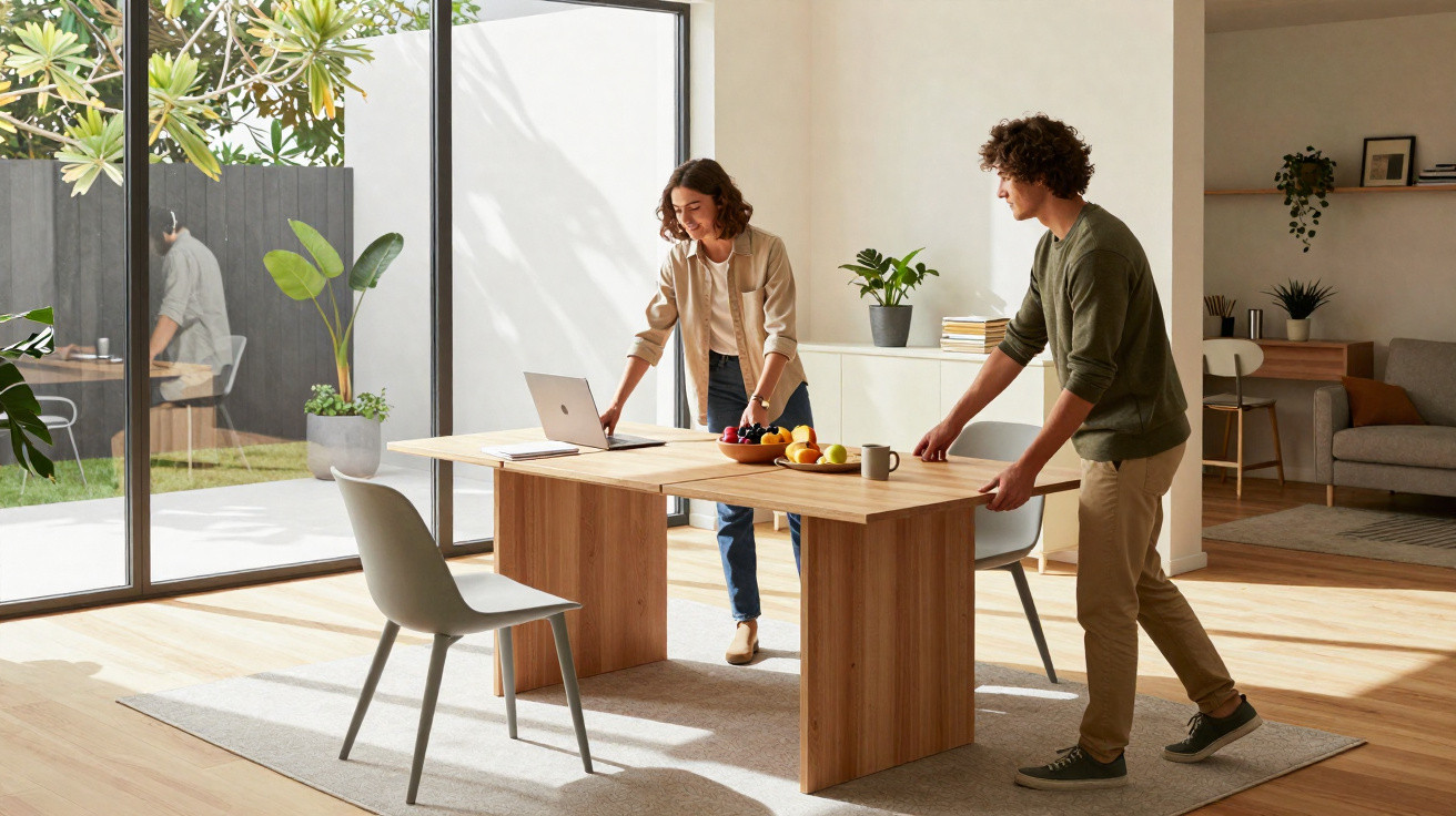 Duas pessoas a arrumar uma mesa de madeira num espaço luminoso com cadeiras e plantas decorativas.