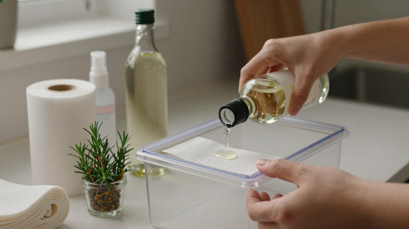 Pessoa a deitar óleo numa caixa plástica com papel absorvente, com plantas aromáticas e rollos de papel na bancada.