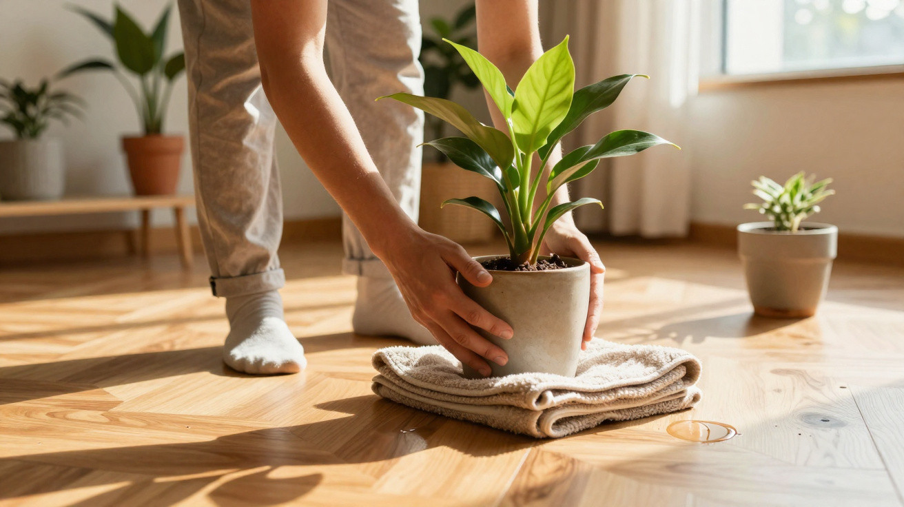 Pessoa a colocar planta num vaso sobre um pano num chão de madeira em ambiente luminoso interior.