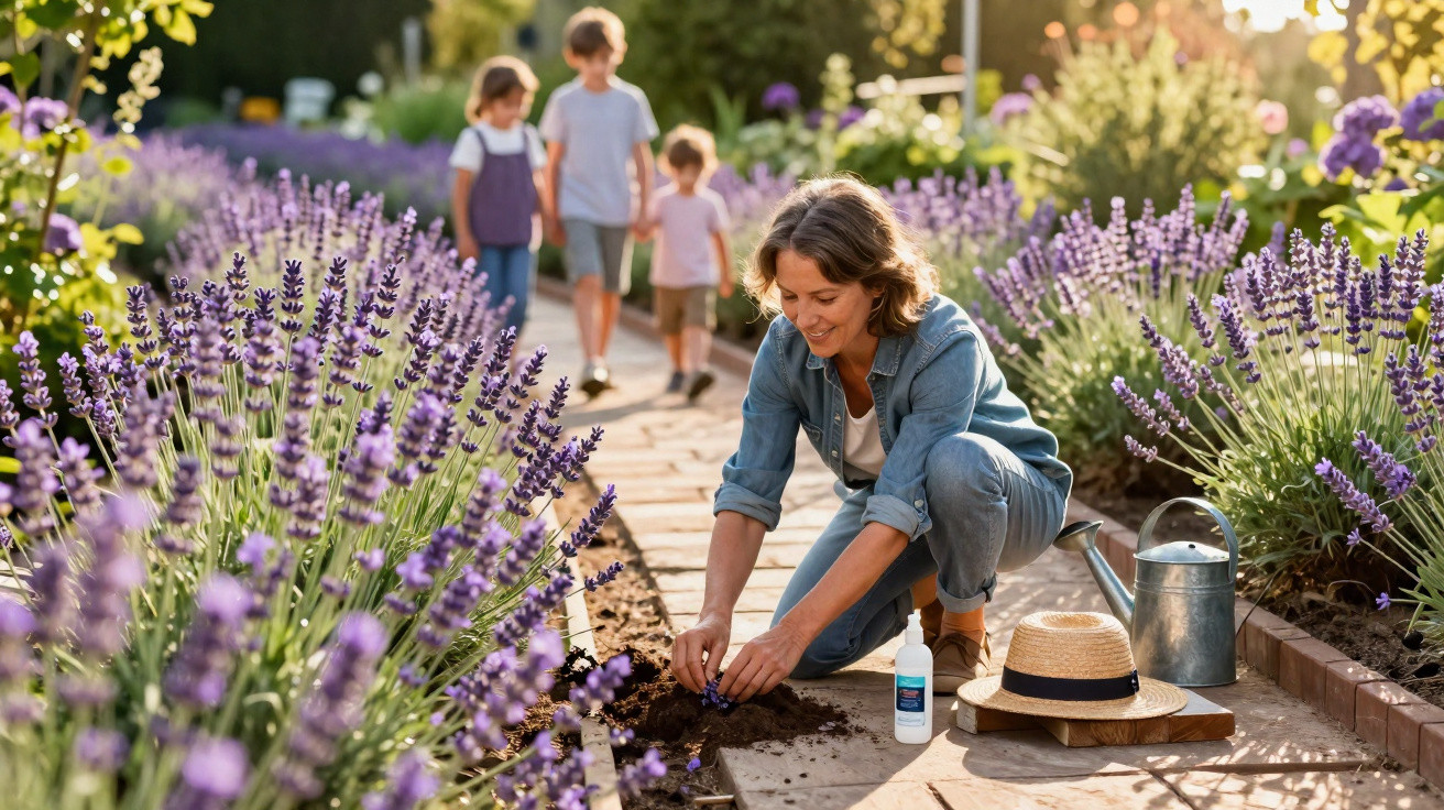 Mulher a plantar flores roxas num jardim com três crianças a caminhar ao fundo.