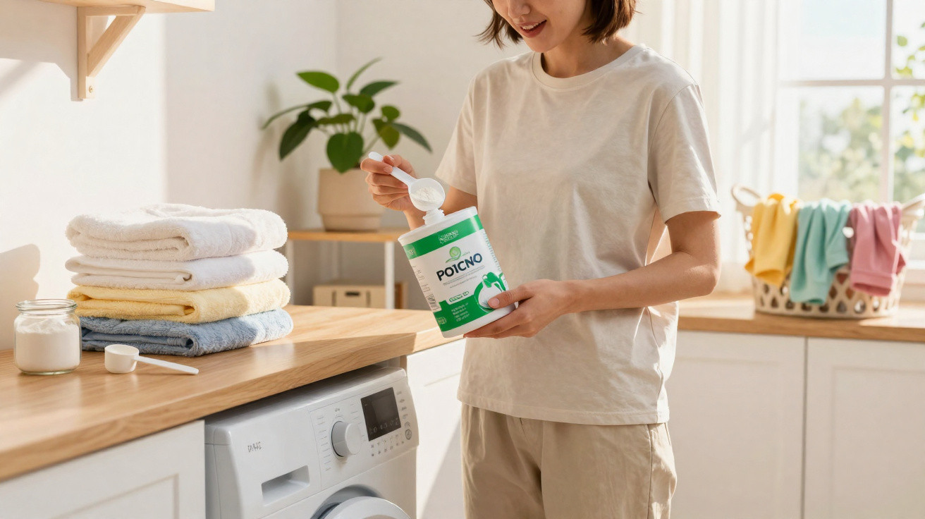Pessoa a medir detergente em pó para roupa na lavandaria, ao lado de máquina de lavar e roupas dobradas.