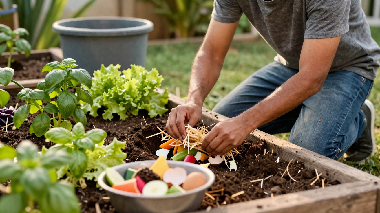 Pessoa a preparar compostagem doméstica num jardim com legumes numa cama elevada de cultivo.