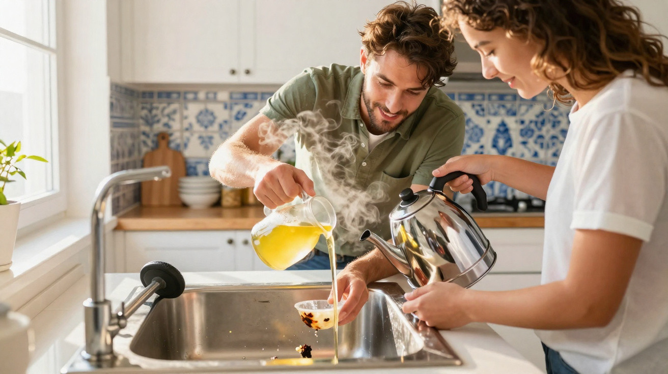 Casal a preparar chá quente na cozinha, com jarro e chaleira junto à pia.