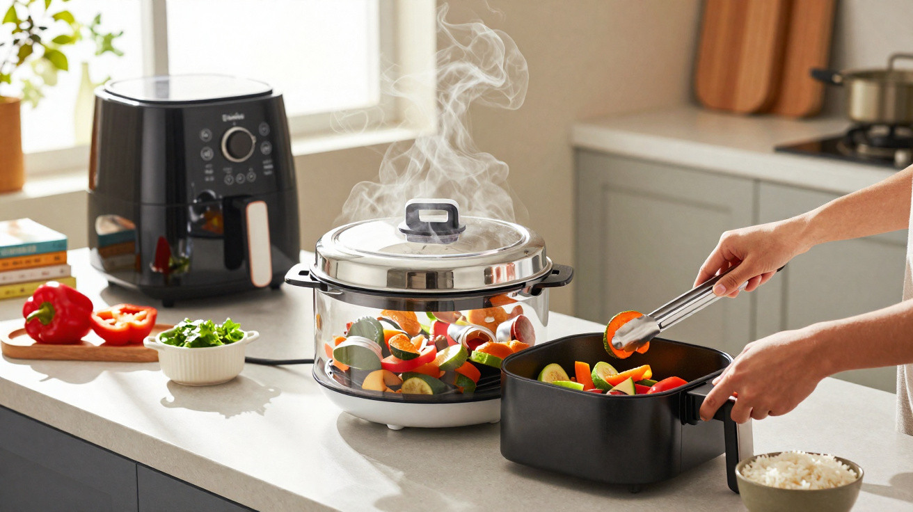Cozinha com legumes a cozinhar a vapor e mãos a colocar legumes num tabuleiro preto.
