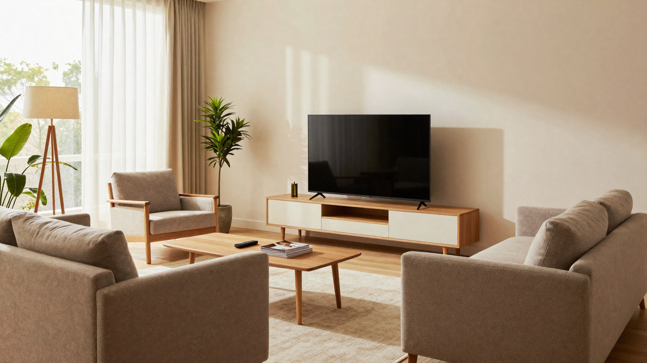 Sala de estar moderna com sofá, poltrona, televisão, mesa de centro e plantas junto à janela.