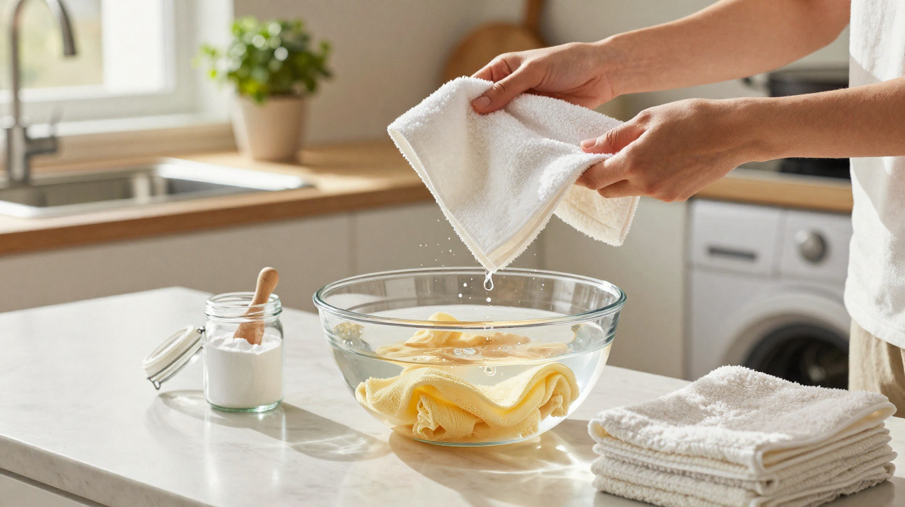 Pessoa a espremer um pano branco sobre uma tigela com um pano amarelo na cozinha.