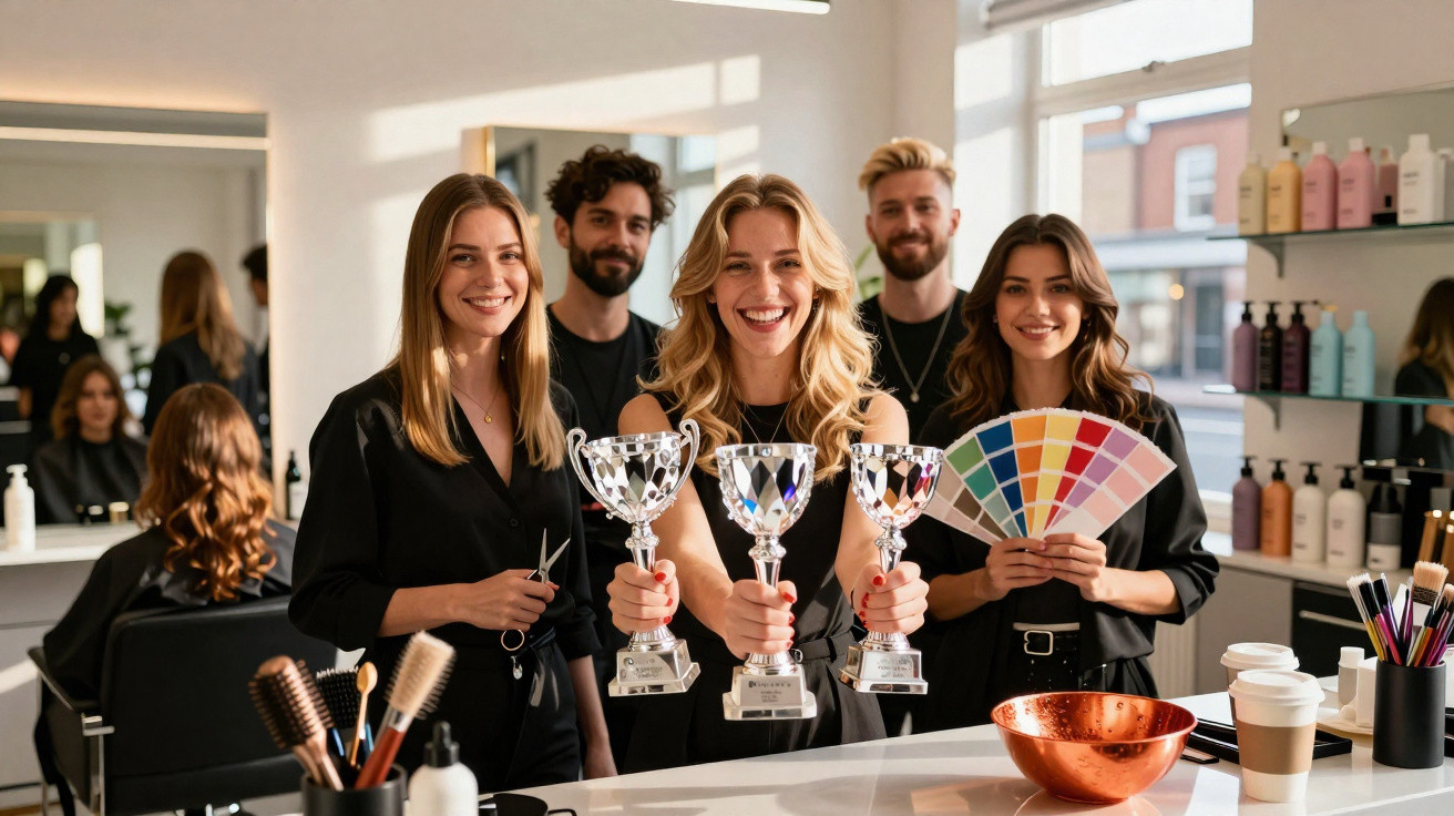 Grupo de cabeleireiros sorridentes com troféus e amostras de cores em salão de beleza moderno.