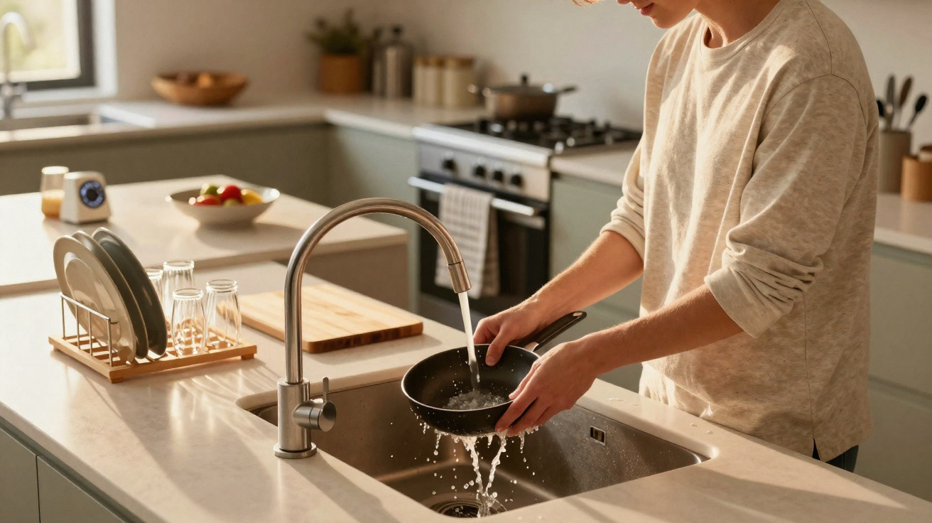 Pessoa a lavar uma frigideira numa pia de cozinha moderna com torneira a cair água.
