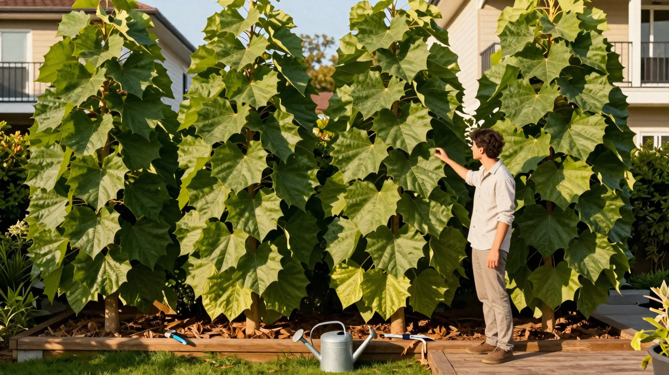 Homem toca em grandes folhas verdes de plantas altas num jardim com casas ao fundo.