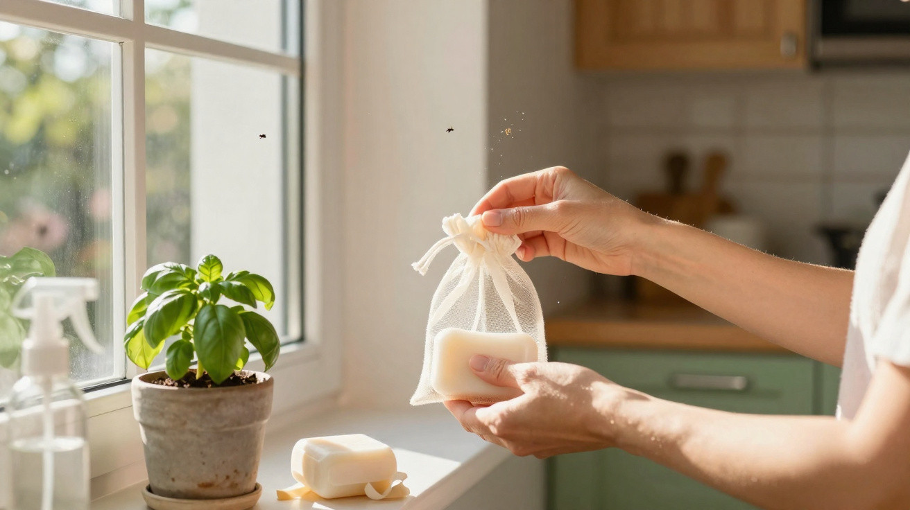 Mãos a guardar sabão sólido num saco de rede, com planta numa varanda e luz natural a entrar pela janela.