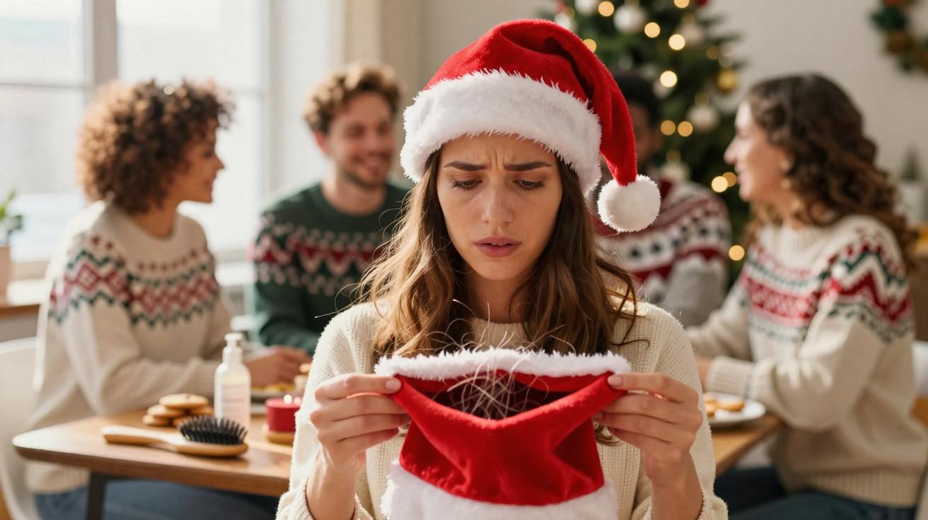 Mulher de gorro de Natal olha preocupada para chapéu com cabelos presos, amigos conversam ao fundo.