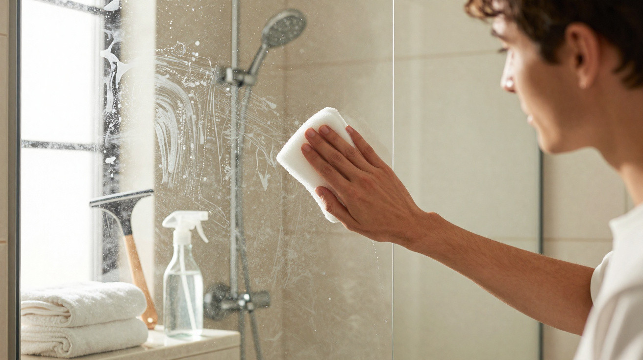 Pessoa limpa um espelho de casa de banho com uma esponja branca e produtos de limpeza visíveis.