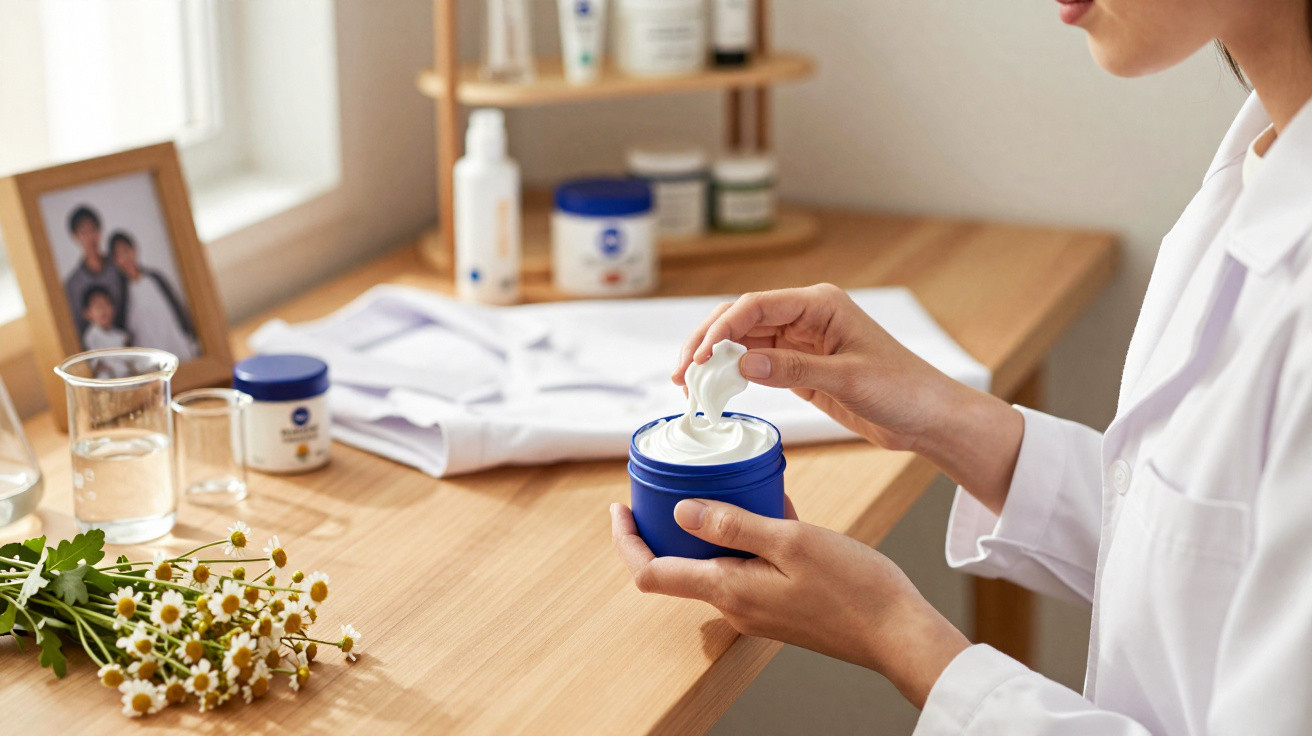 Pessoa a retirar creme de um frasco azul numa bancada com produtos de cuidados de pele e flores.