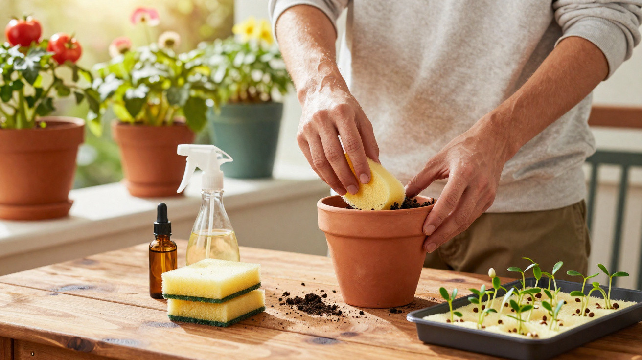 Pessoa a plantar sementes em vaso de barro num ambiente com várias plantas e material de jardinagem.
