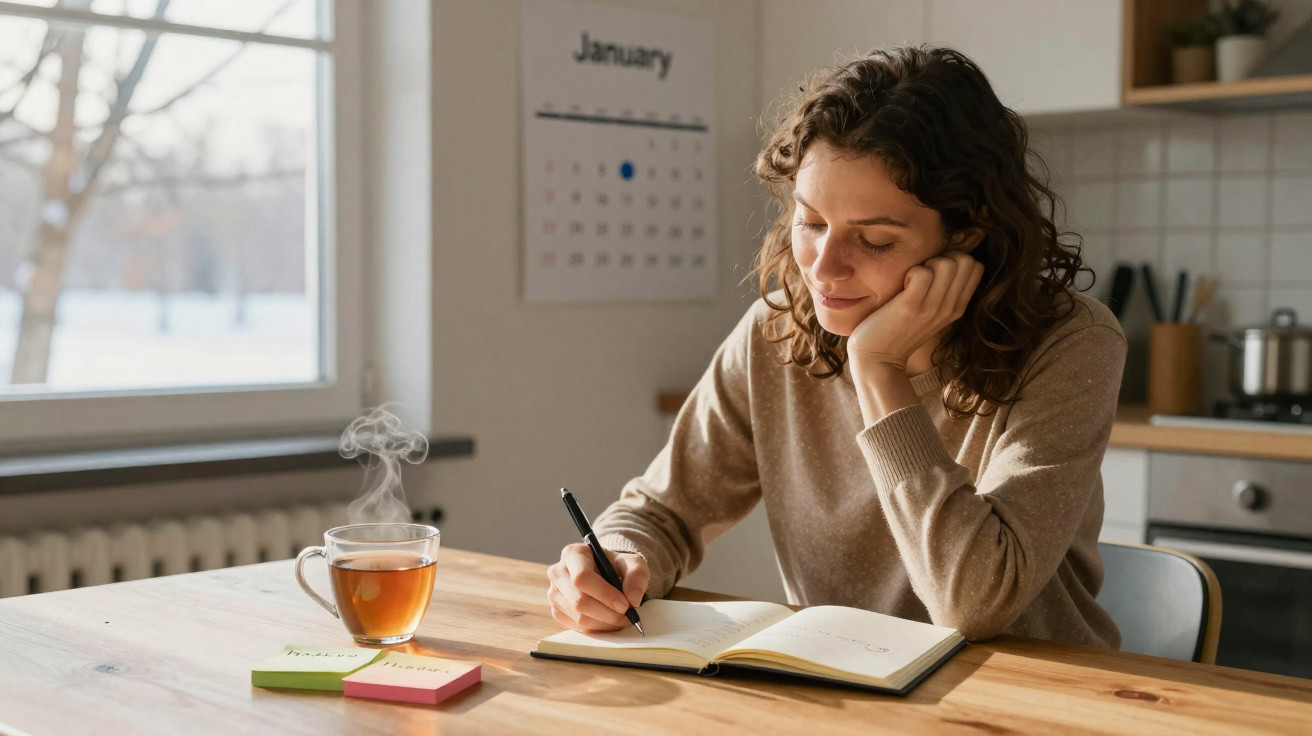 Mulher sentada à mesa, a escrever num caderno, com chá quente e calendário de janeiro ao fundo.