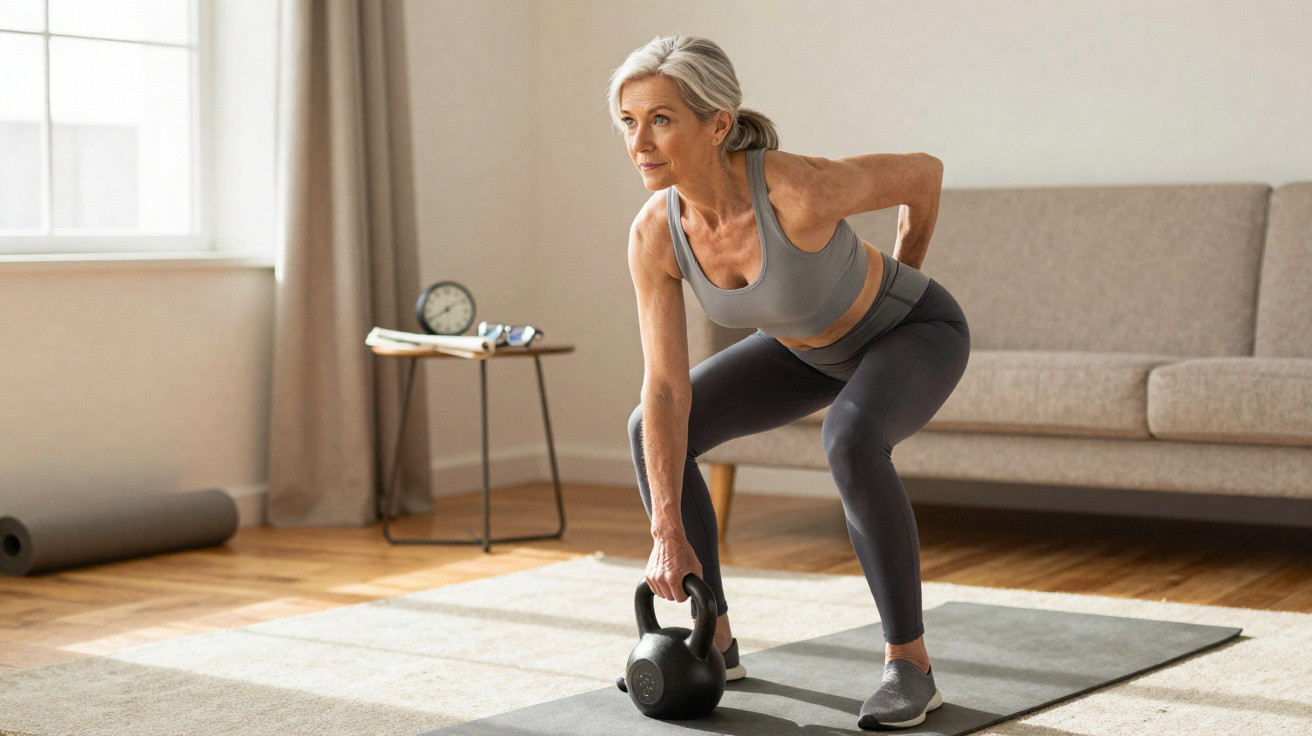 Mulher idosa a fazer exercício com kettlebell em tapete de yoga numa sala de estar.