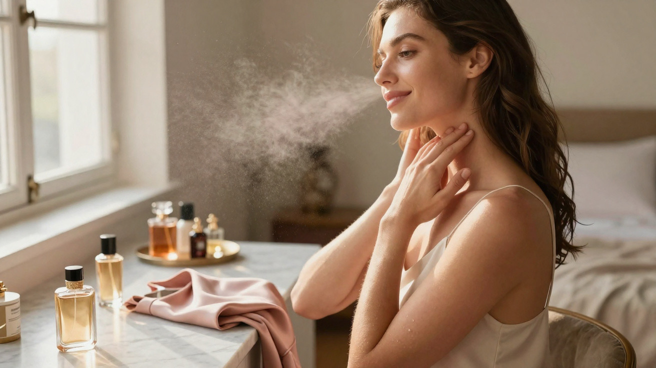 Mulher a aplicar spray perfumado no pescoço sentada junto a uma mesa com garrafas de perfume.