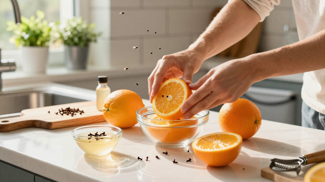 Mãos a espremer laranja com cravinho num bowl de vidro numa cozinha iluminada, com moscas à volta.