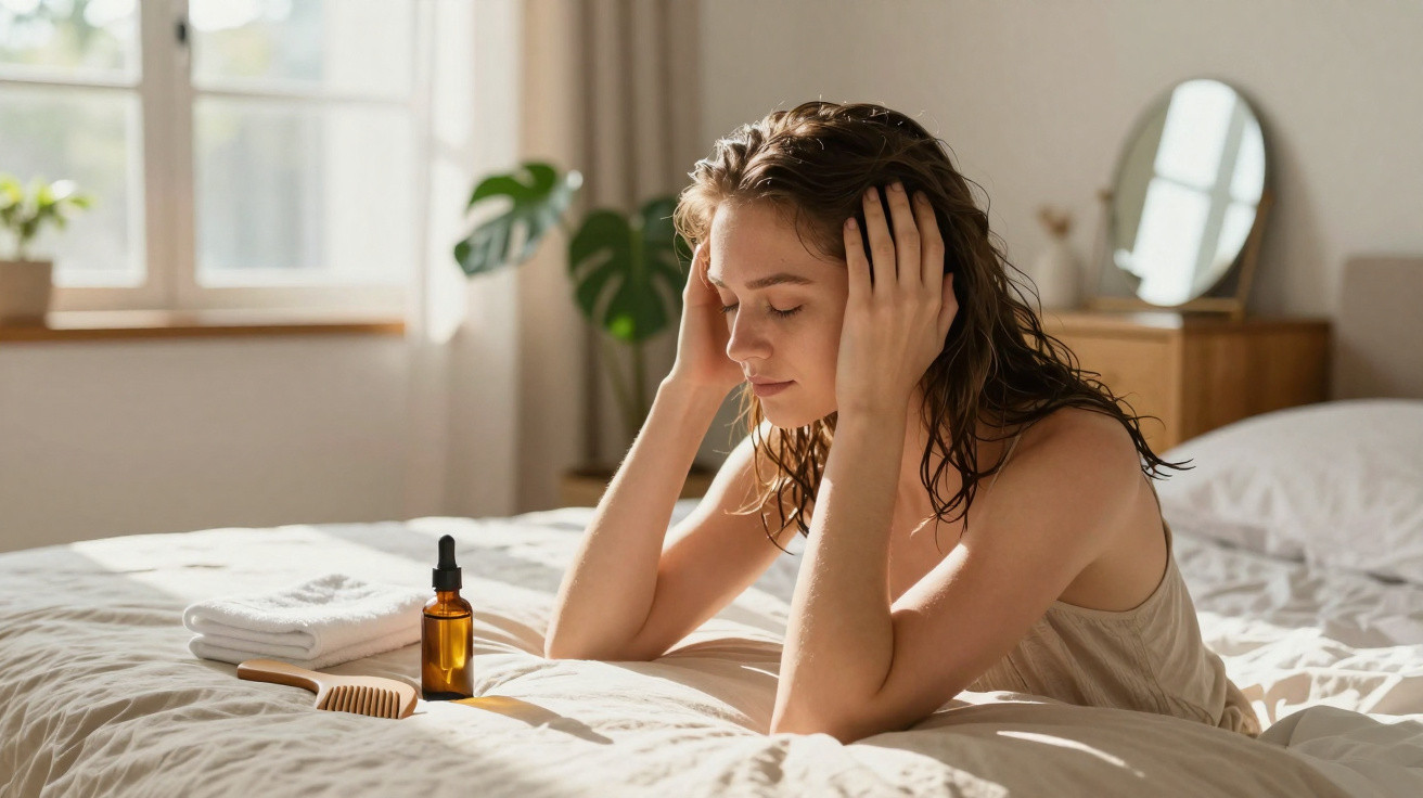 Mulher sentada na cama com olhos fechados, mãos na cabeça, à frente óleo e pente para cabelo.