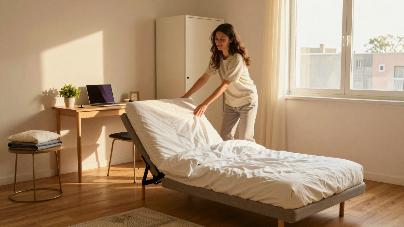 Mulher a arrumar a cama num quarto luminoso com secretária, computador e janela grande.