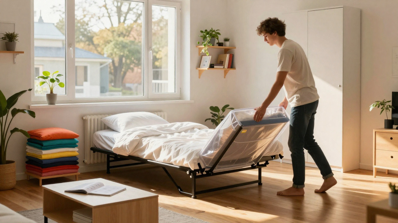 Homem arrumando cama desdobrável num quarto iluminado com plantas e mobília simples.