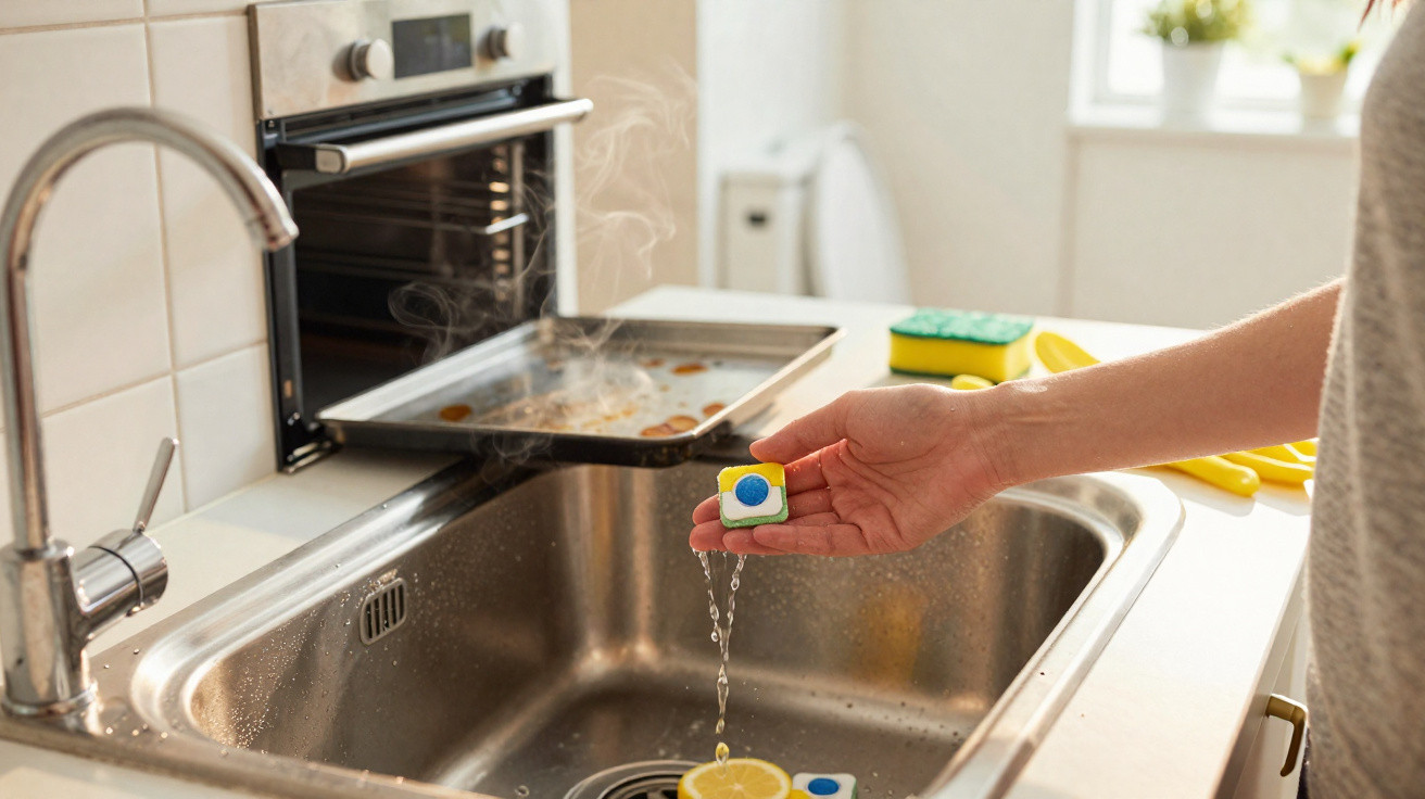 Mão segurando pastilha de detergente sobre lava-louças com tabuleiro fumegante ao fundo.