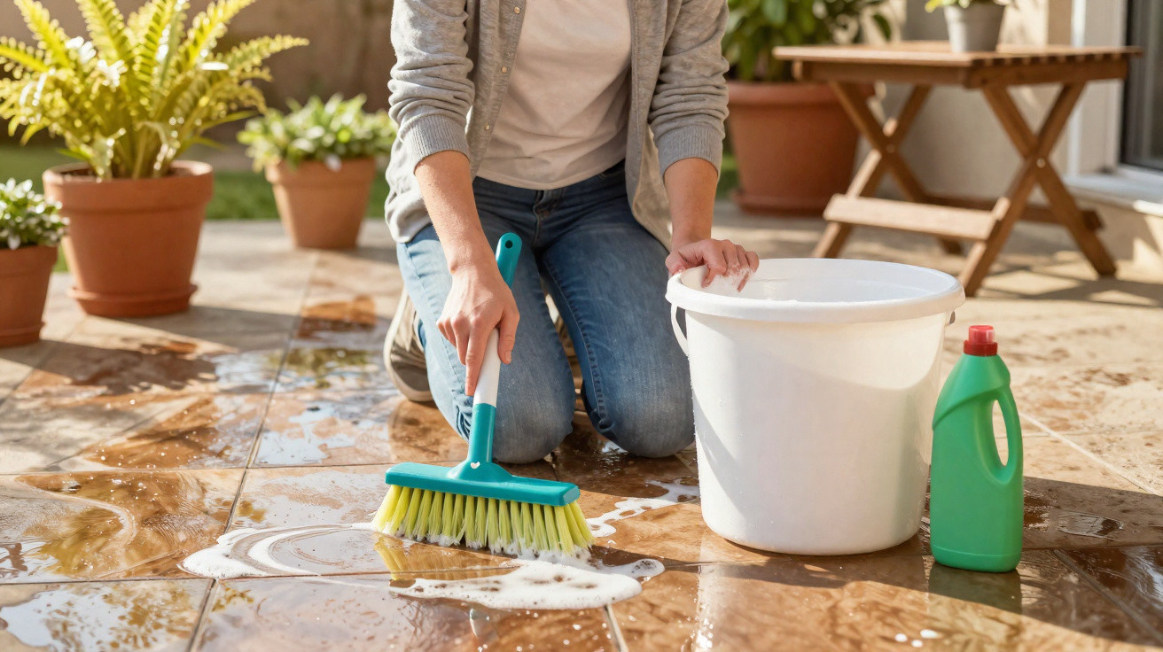 Pessoa a limpar chão exterior com escova, balde branco e detergente verde, rodeada de plantas em vaso.