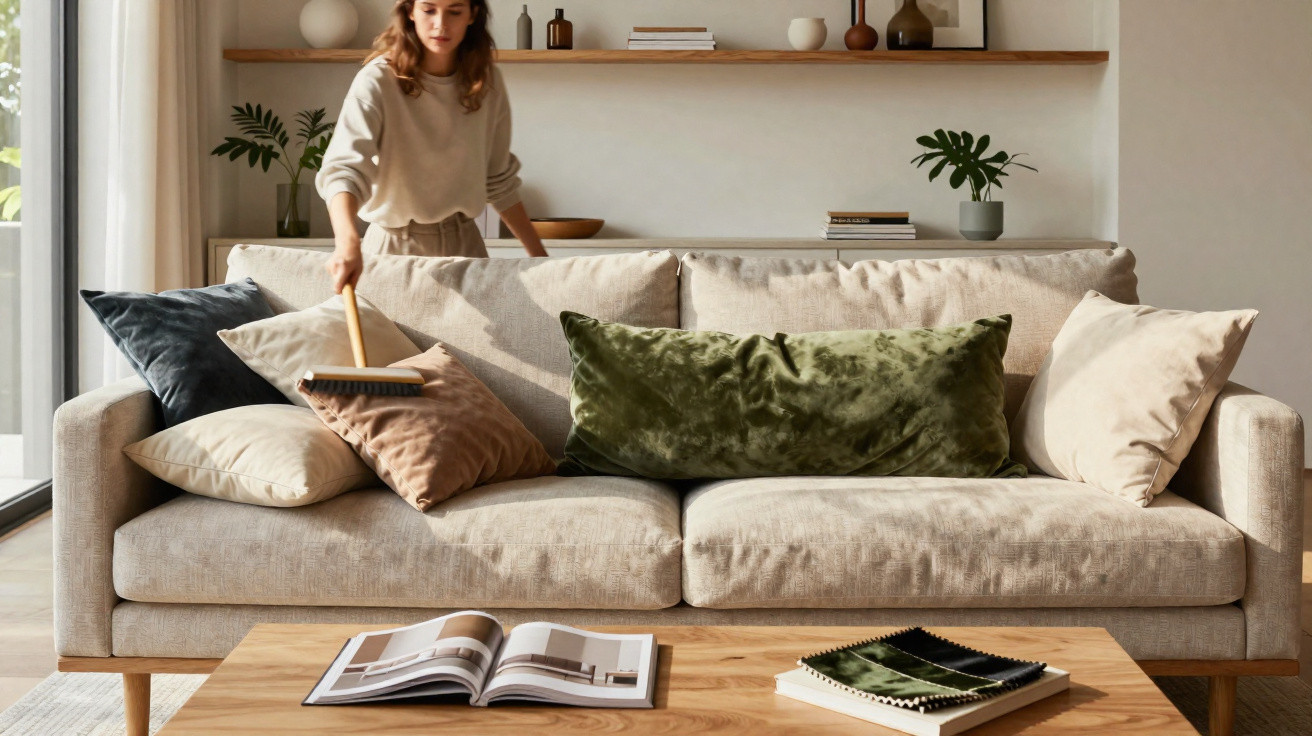 Mulher a limpar almofadas num sofá cinzento claro numa sala com decoração minimalista.