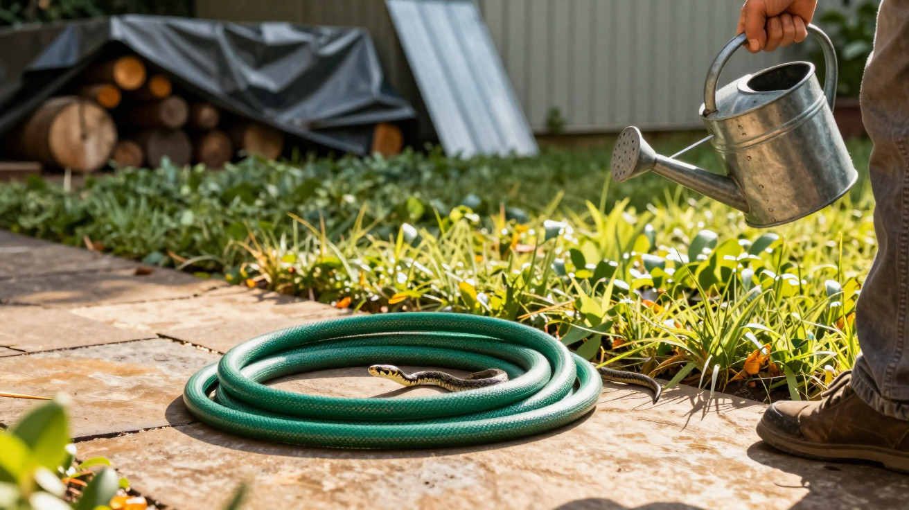 Cobra enrolada dentro de mangueira verde no chão de jardim, ao lado de pessoa com regador metálico.
