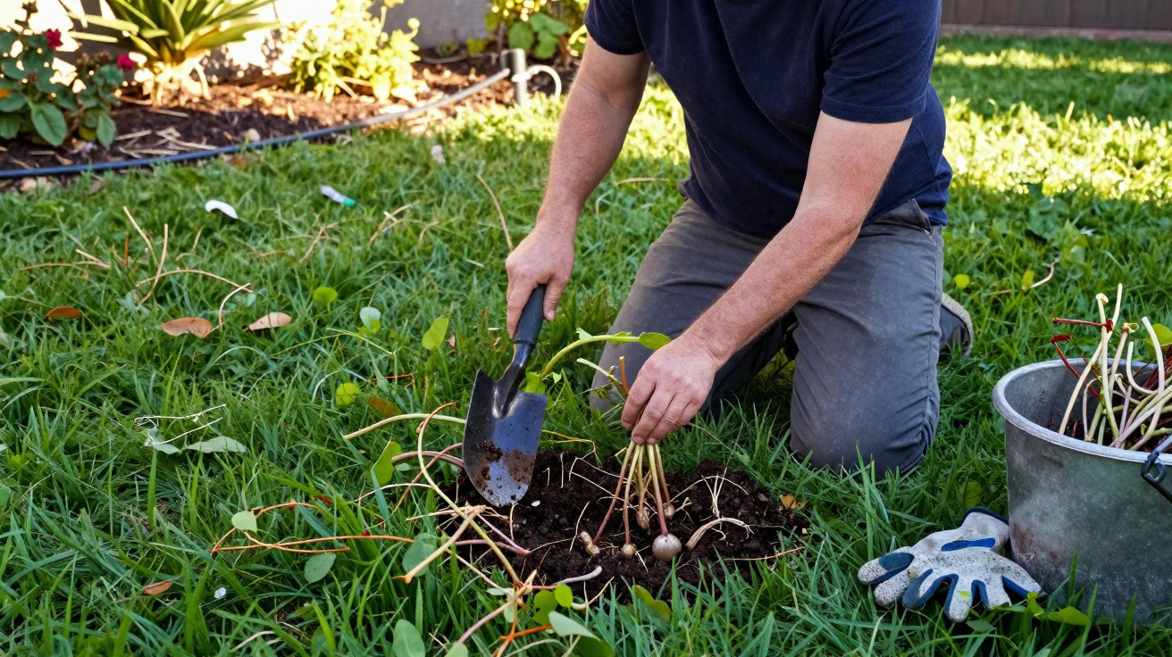 Pessoa a cavar cebolinhas com uma pequena pá num jardim com relva e luvas perto de um balde.