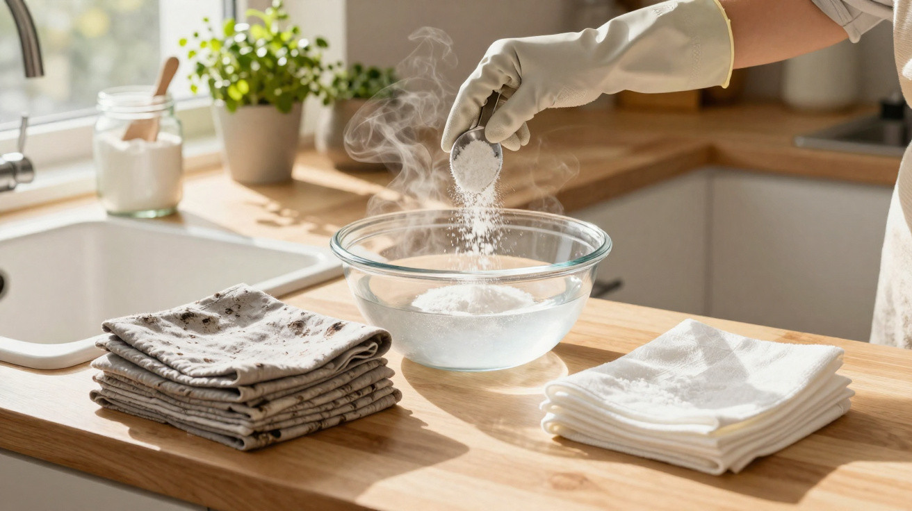 Mãos com luvas a adicionar detergente em pó a uma bacia com água quente numa bancada de cozinha iluminada.