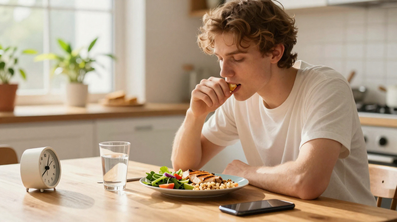 Jovem sentado à mesa na cozinha a comer uma refeição saudável, com prato de salada, vidro de água e telemóvel.