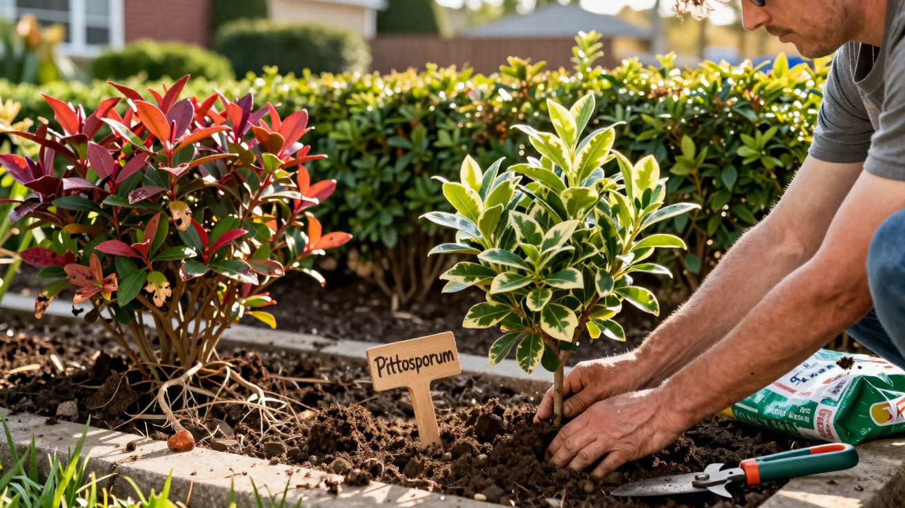 Homem a plantar um arbusto Pittosporum num jardim com ferramentas e sacos de terra à volta.