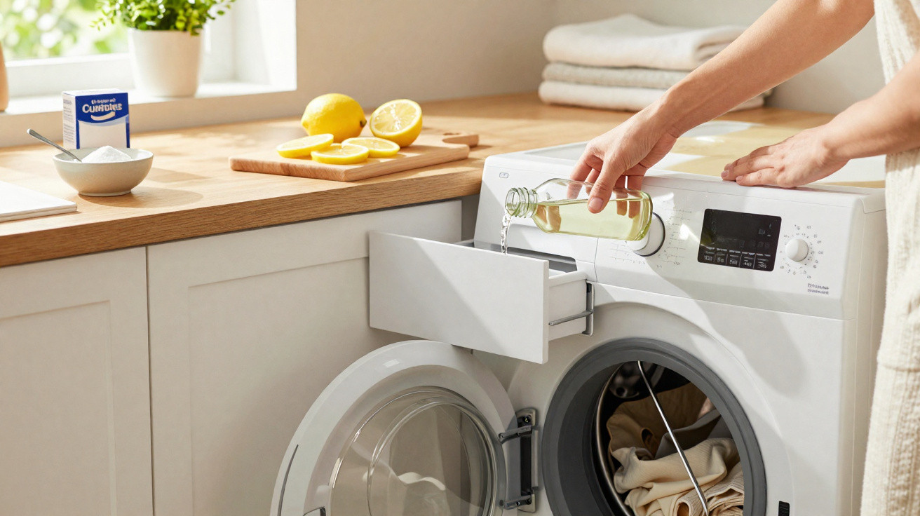 Pessoa a verter líquido numa máquina de lavar roupa branca numa cozinha clara com limões e plantas.