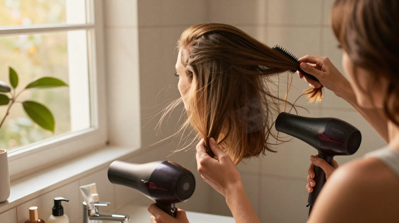Pessoa a secar e pentear cabelo castanho com secador e escova junto a uma janela.