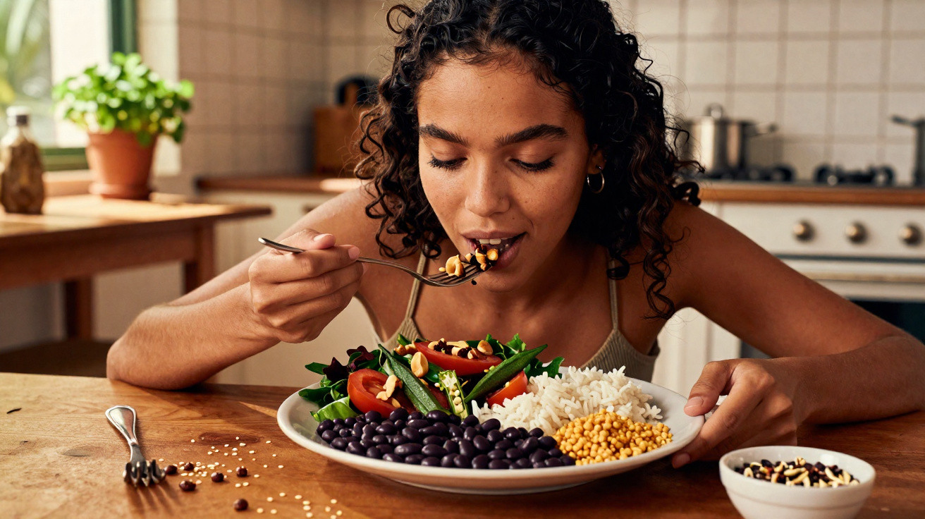 Mulher a comer uma refeição saudável com arroz, feijão, milho e legumes numa cozinha.