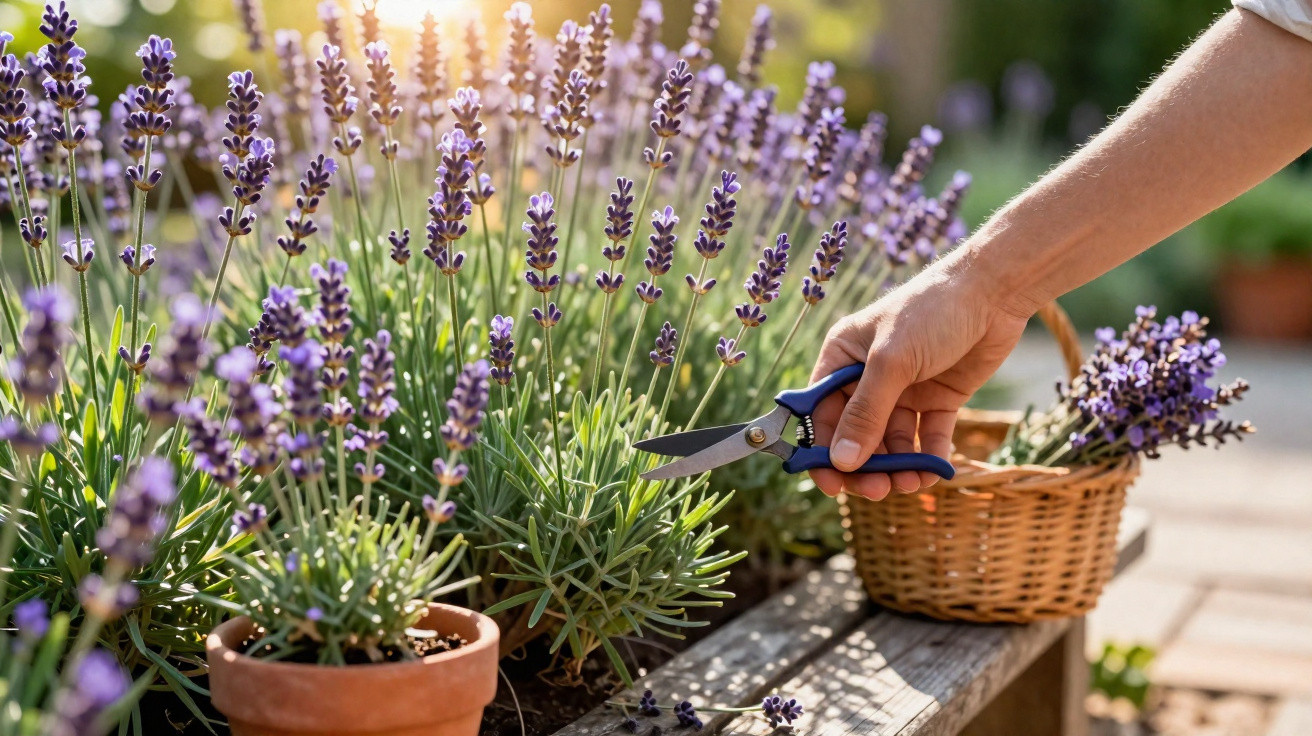 Pessoa a cortar flores de lavanda com tesoura de poda junto a cesto de vime num jardim ensolarado.
