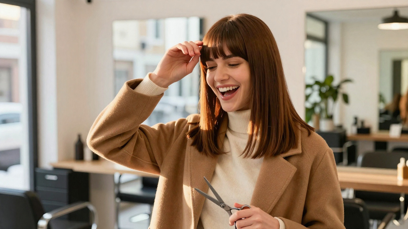 Mulher sorridente com cabelo castanho e franja, segurando tesoura num salão de cabeleireiro moderno.