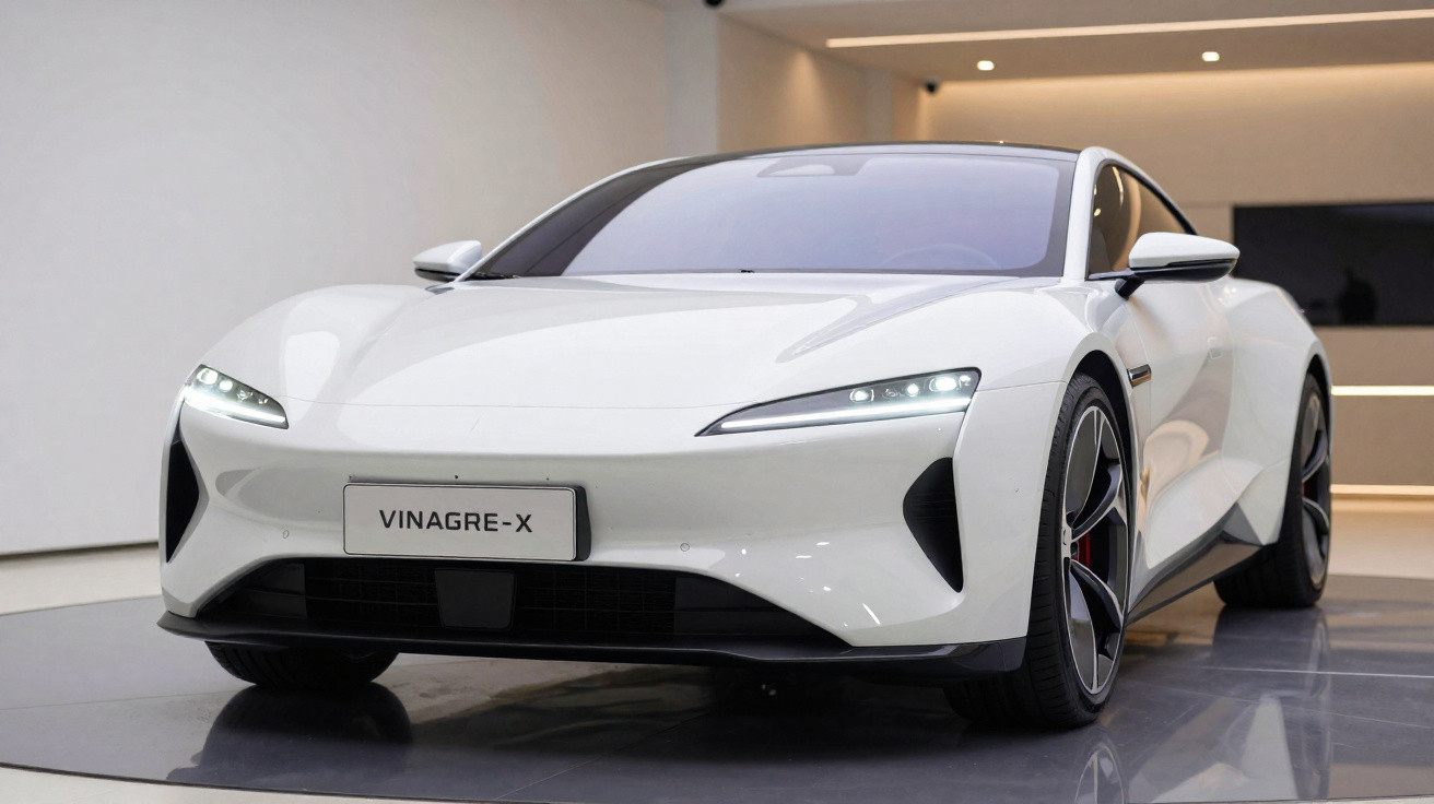 Carro desportivo elétrico branco Vinagre-X em exposição num espaço moderno e minimalista.
