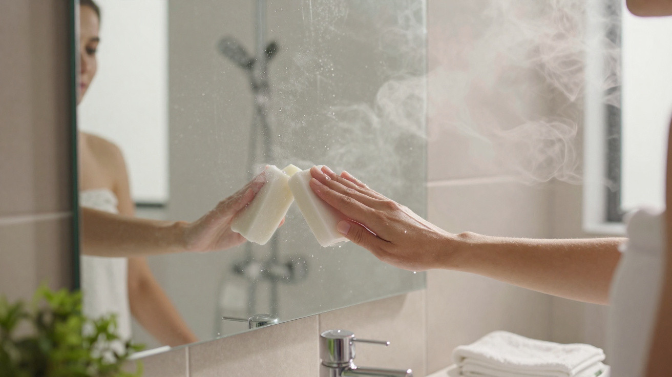 Pessoa a limpar um espelho de casa de banho com esponja branca, vapor visível no ambiente.