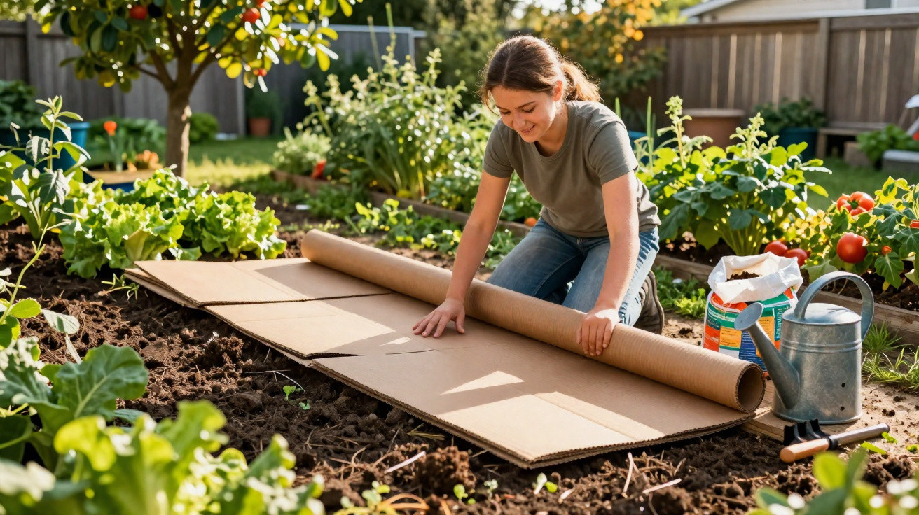 Jovem mulher a preparar canteiro com papelão para jardinagem em horta caseira ao ar livre.