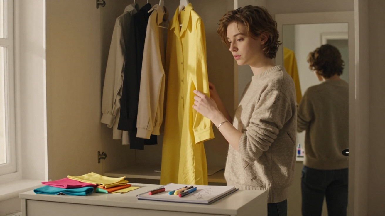 Pessoa jovem a escolher um vestido amarelo num roupeiro, com tecidos coloridos e acessórios sobre uma cómoda.