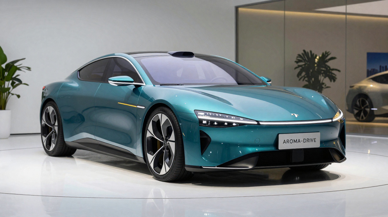 Carro elétrico moderno azul esverdeado em exposição, com design aerodinâmico e faróis LED finos.