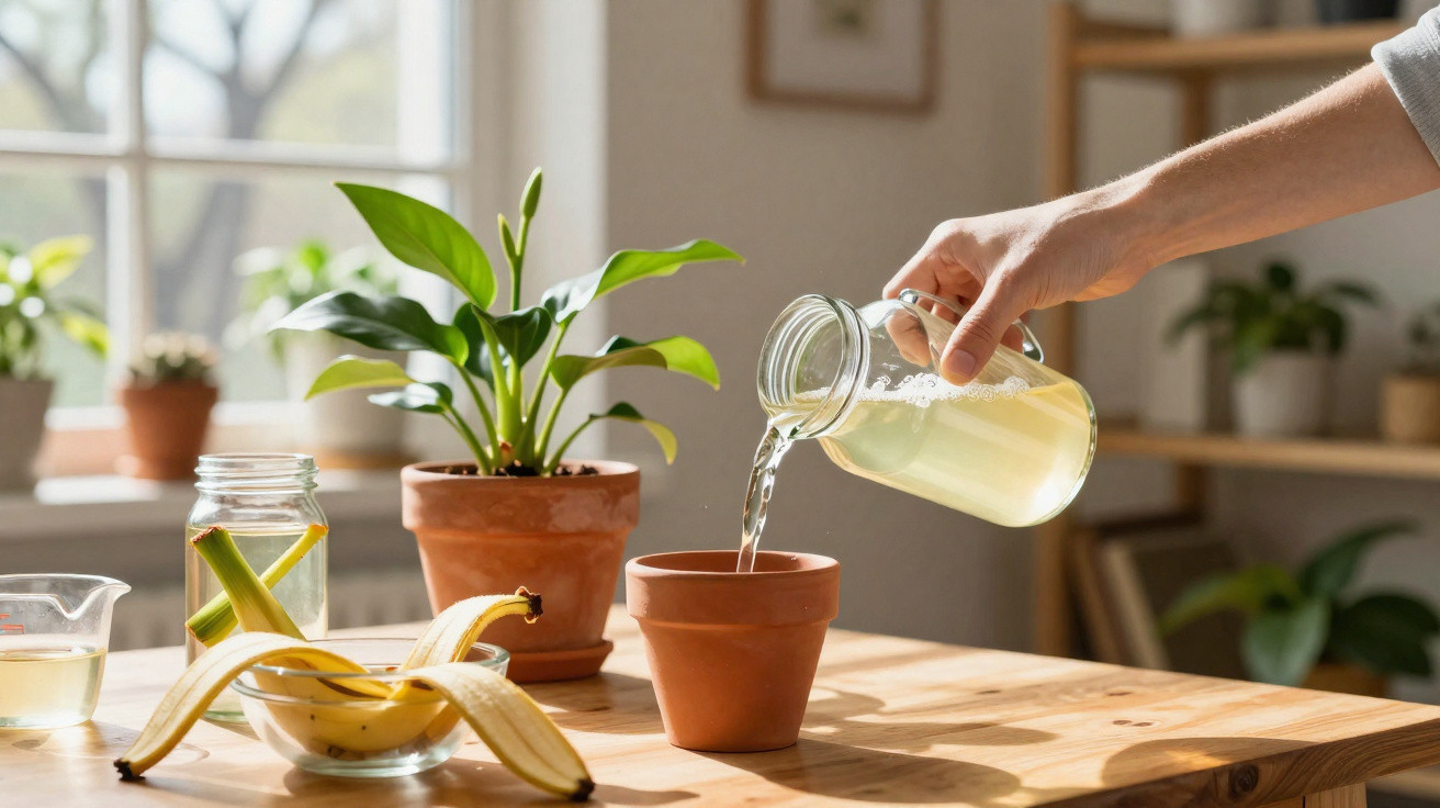 Pessoa a regar planta em vaso de barro com jarro de vidro numa mesa de madeira com banana descascada.
