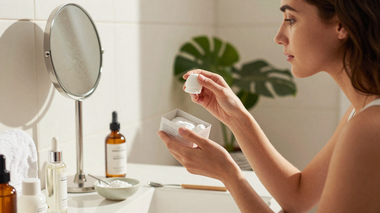 Mulher a preparar máscara facial numa casa de banho com produtos de cuidado de pele na bancada.