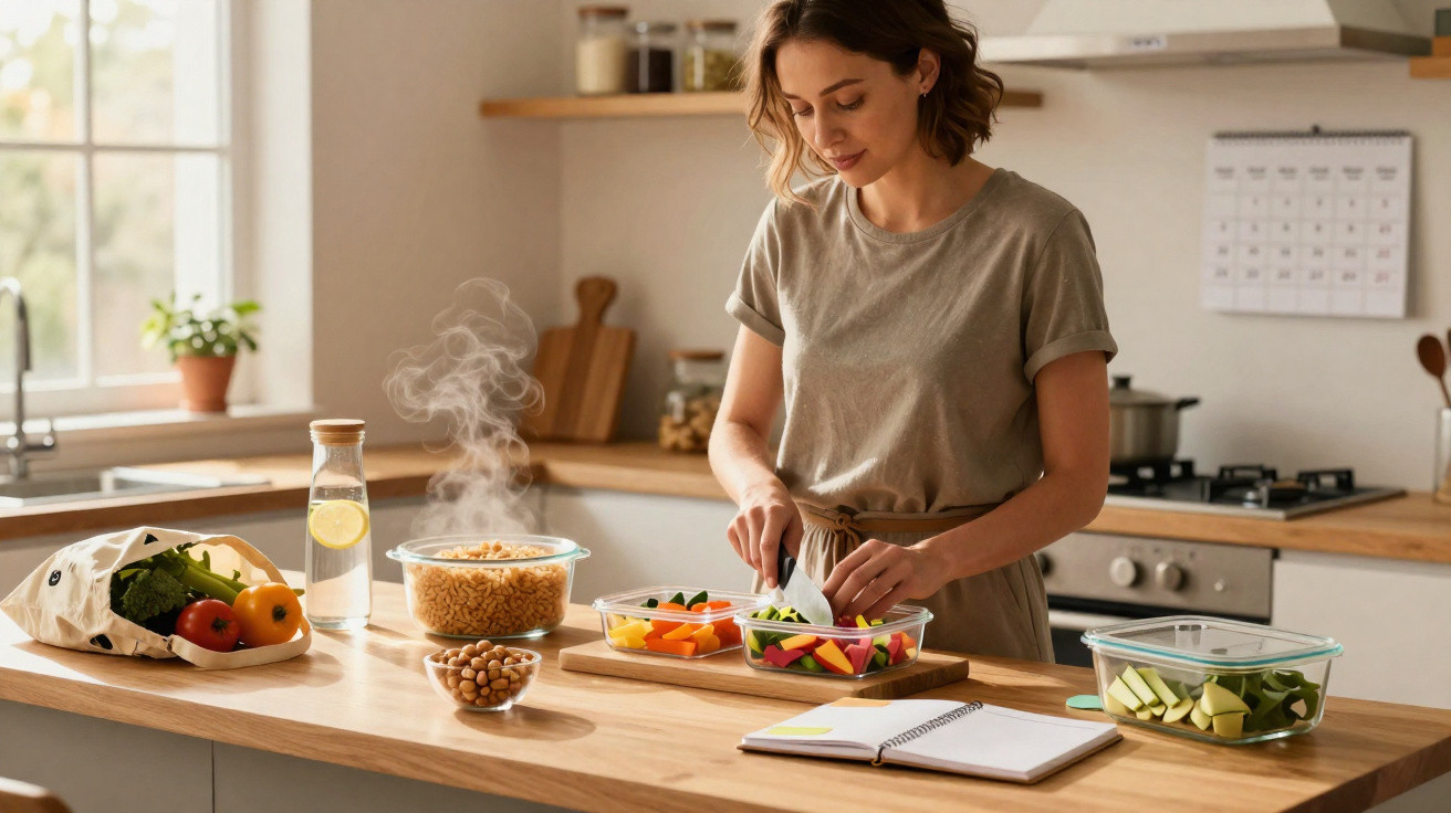 Mulher prepara legumes cortados na cozinha luminosa com legumes, garrafa de água e caderno de receitas na bancada.
