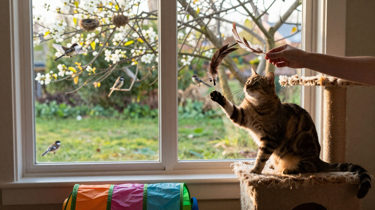 Gato castanho a brincar com penas junto a uma janela com vista para árvores e pássaros.