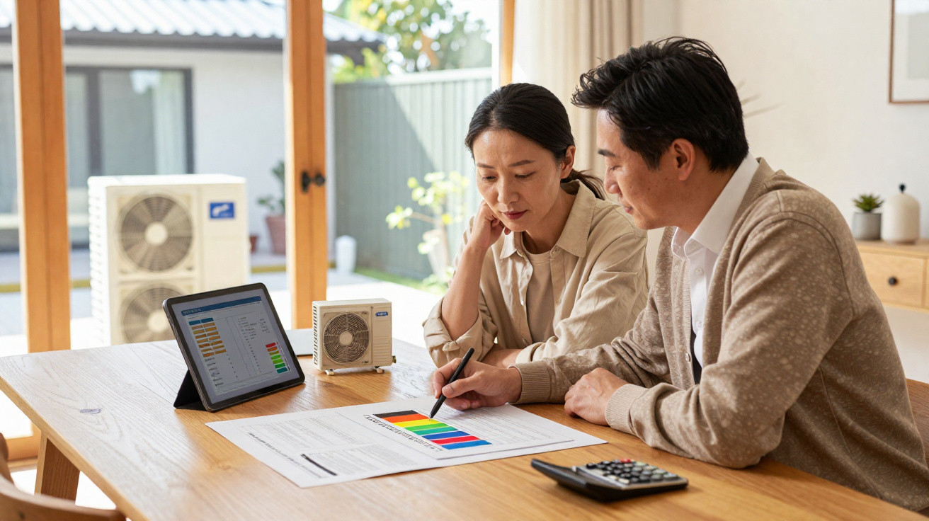 Casal analisa gráficos e faturas em casa, sentado à mesa com calculadora, tablet e unidades de ar condicionado.