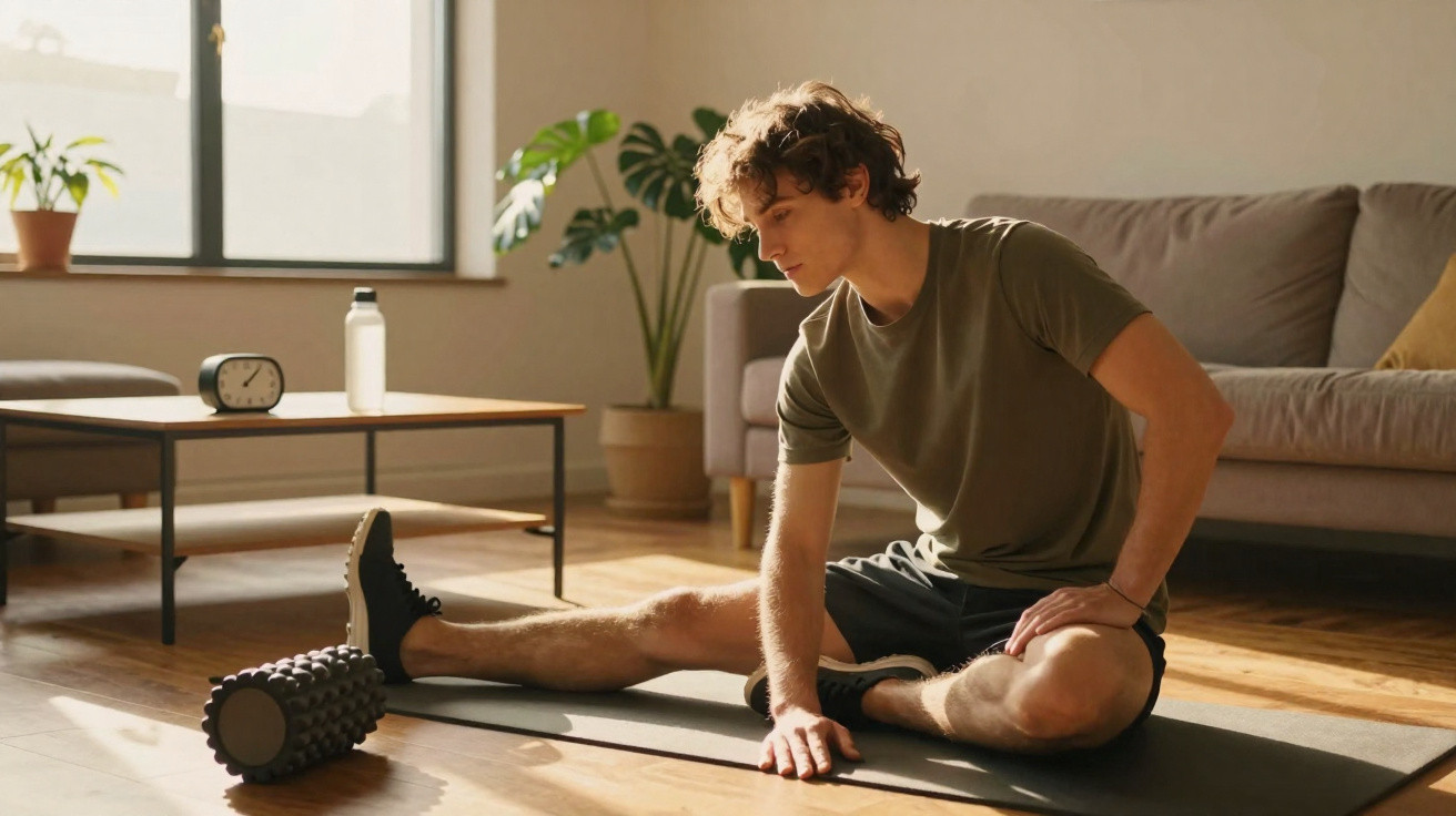 Homem a alongar pernas no tapete de yoga numa sala com luz natural e rolo de espuma no chão.